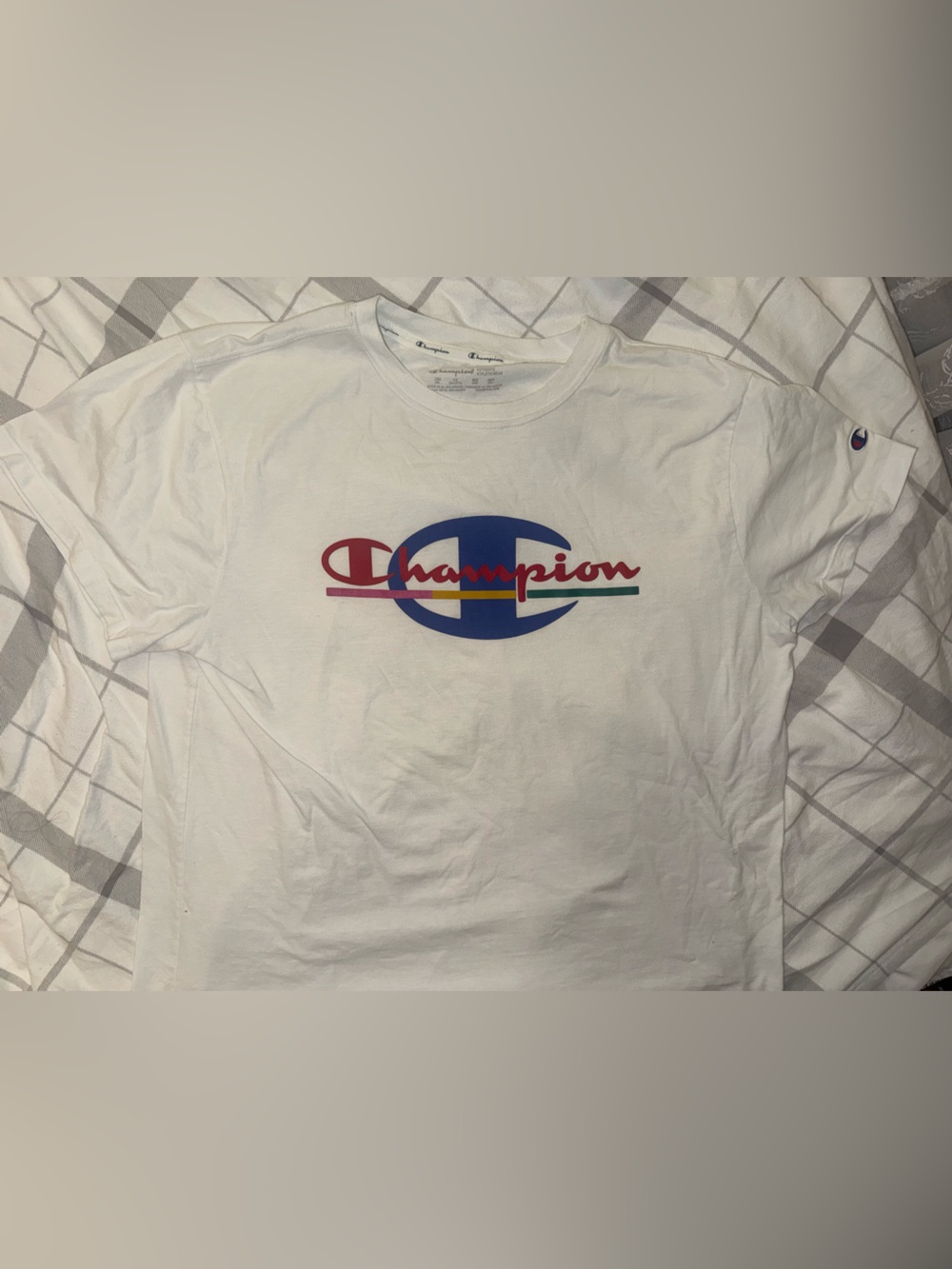 Champion White Short-Sleeve Tee with Red and Blue Logo